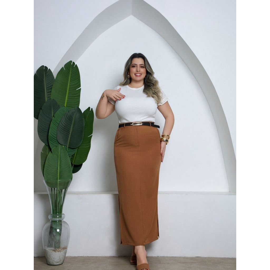 Saia longa linho dois cor com cinto Igreja plus Size Detalhes em botão/Despojado Estiloso/Coleção 2025 em Oferta na Shopee
