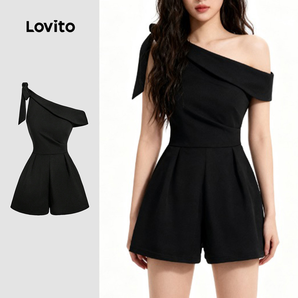 Lovito Macacão Elegante Ombros À Mostra Assimétrico com Laço Na Frente Primavera/verão Preto para Mulheres L155ED1440 em Oferta na Shopee
