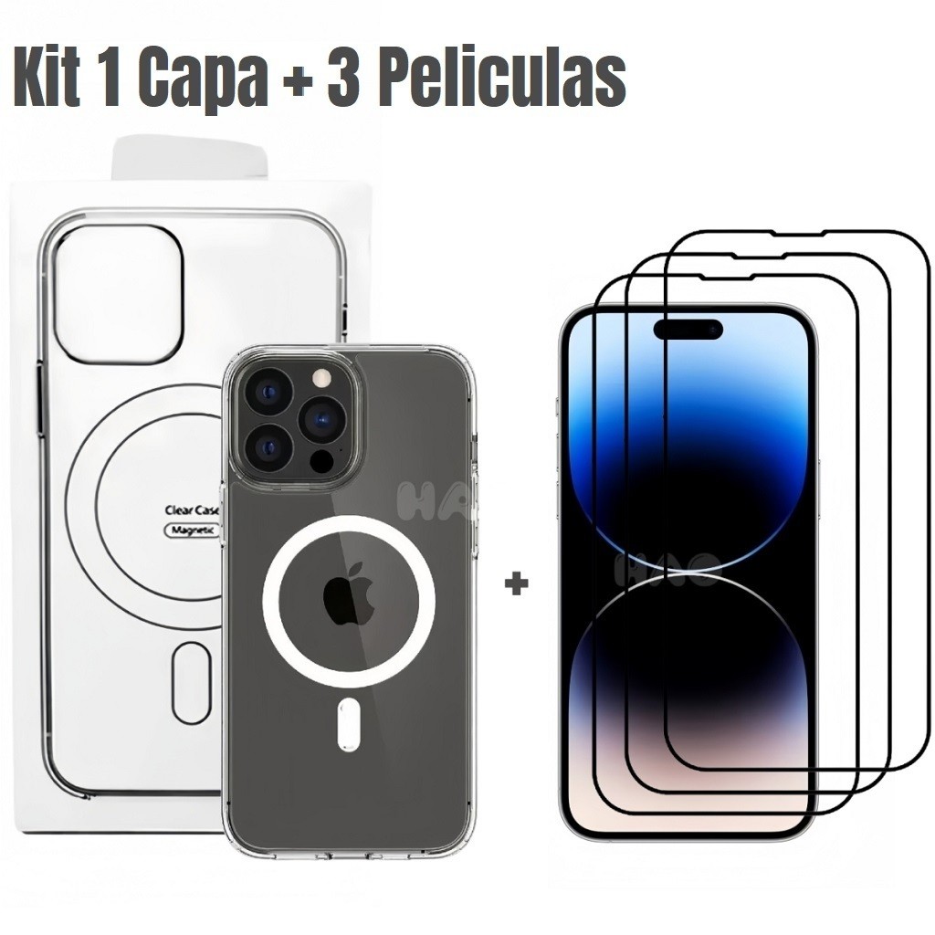 Kit 3 Película Vidro 3D + Capa Capinha Magnética Space Transparente Apple IPhone 11 12 13 14 15 16 Plus 17 Pro Max Air