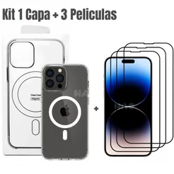 Kit 3 Película Vidro 3D + Capa Capinha Magnética Space Transparente Apple IPhone 11 12 13 14 15 16 Plus 17 Pro Max Air