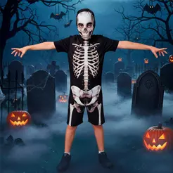 Fantasia de Halloween Esqueleto Infantil Macacão Curto Caveira Estampada