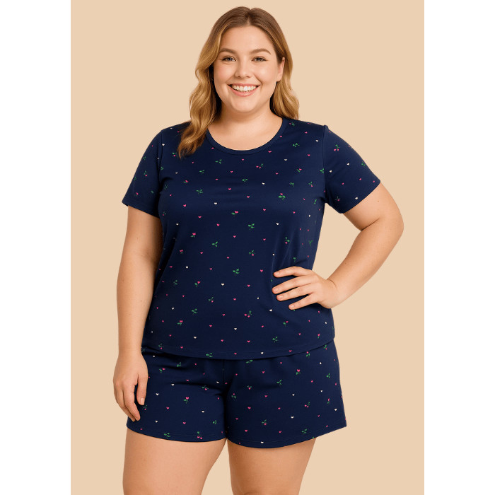 Pijama Feminino Plus Size Meia Coxa Estampado Suede Roupa de Dormir