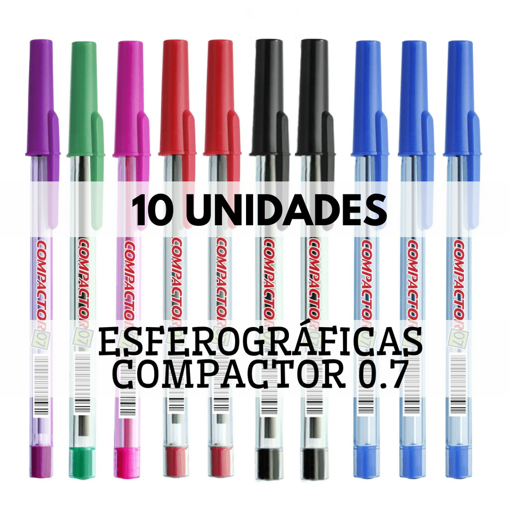 Kit 10 Canetas Esferográficas Compactor 07 – Azul, Preto, Vermelho, Verde, Violeta e Rosa 0.7mm em Oferta na Shopee