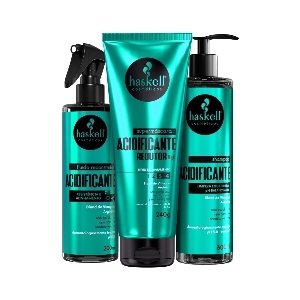 Kit Haskell Acidificante – Reconstrução e Tratamento Ultraintensivo (Shampoo + Supermáscara + Fluido Reconstrutor) em Oferta na Shopee