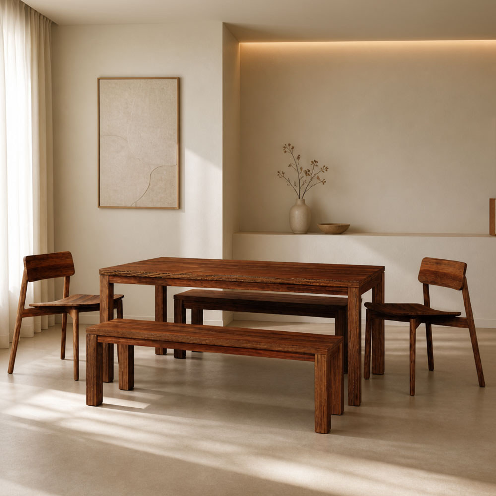 Mesa de Jantar 6 Lugares 180cm Com 02 Bancos de Madeira e 02 Cadeiras Dunia F06 Rústico Escuro - Lyam Decor