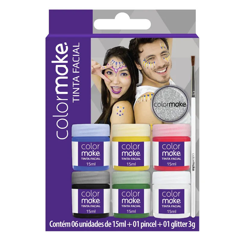 Tinta líquida facial 6 cores + 1 pincel e glitter 1000 Colormake