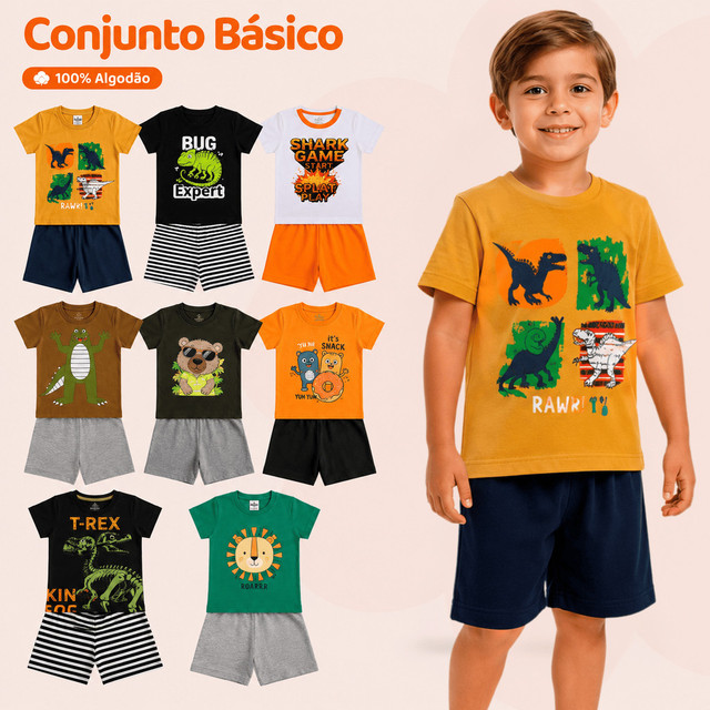 Kit Sortido 2 Conjunto Masculino/Menino Infantil Juvenil - Camiseta Estampada + Bermuda Lisa