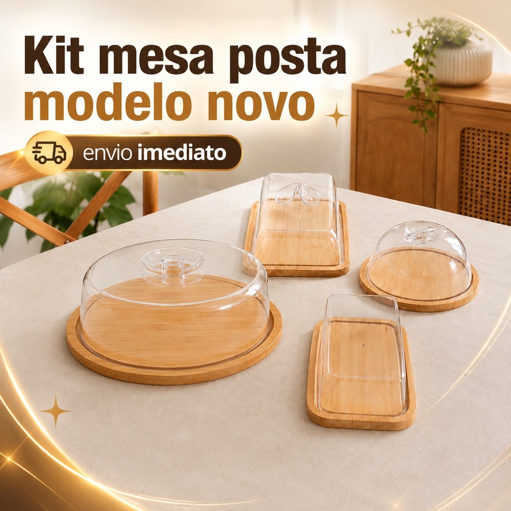 KIT Café da manha de bambu, 4 itens Boleira, Queijeira, Manteigueira e Porta frios ideal para mesa posta.