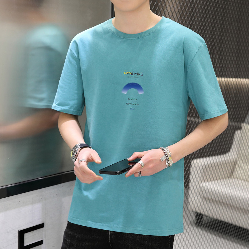 Versão coreana masculina na moda puro algodão na moda masculina de manga curta camiseta em torno do pescoço impresso ver