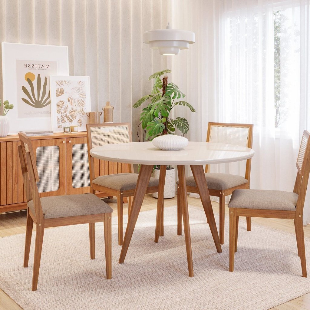 Conjunto Sala de Jantar Mesa Redonda 109cm 4 Cadeiras Vidro Madeira Maciça Acerola Palmas Marrom