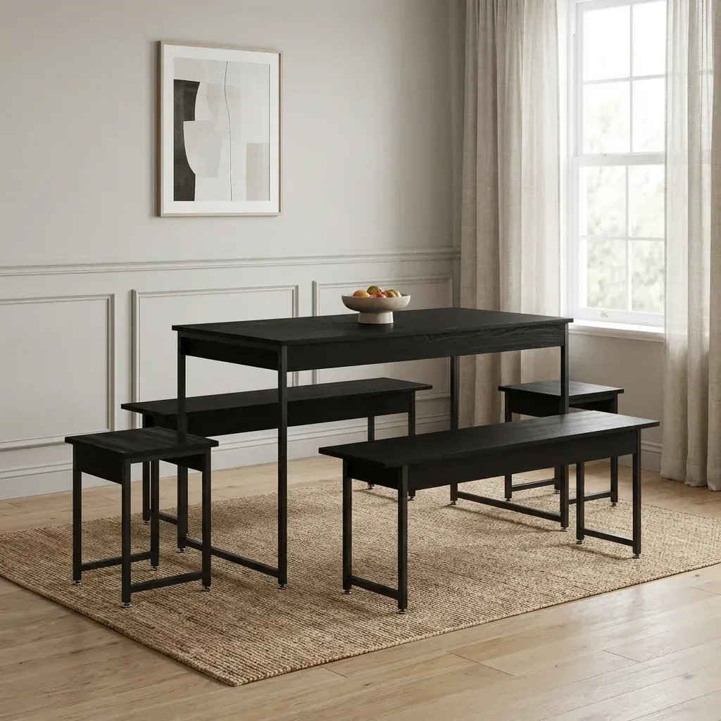 Conjunto Mesa de Jantar com 2 Bancos 2 Banquetas Estilo Industrial Aço Active Preto Ônix Yescasa Preto Onix