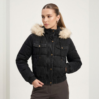Jaqueta Feminina Cropped Puffer Jeans Capuz Removível Casaco De Inverno Forrado Quentinho