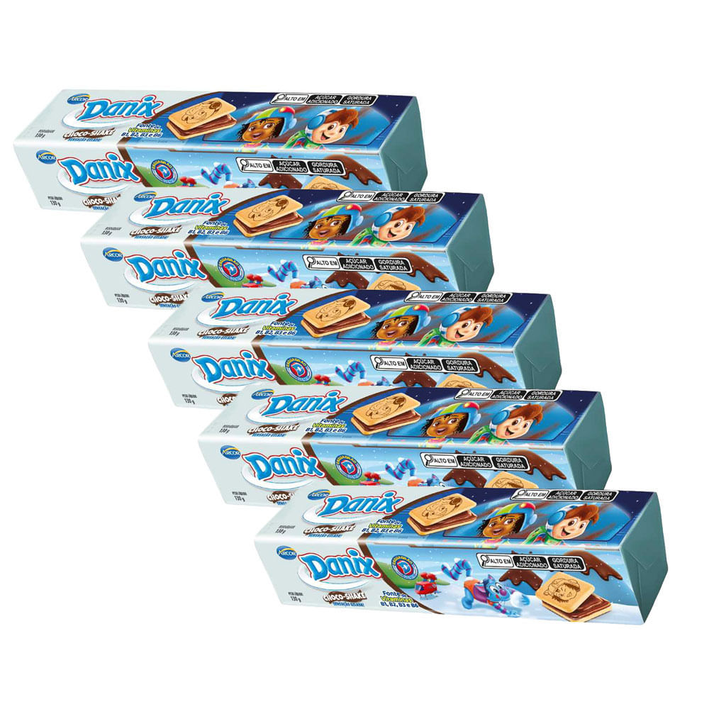 Kit 5 Biscoito Recheado Danix Sabor Choco Shake 130g