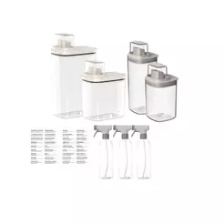 Kit Lavanderia 4 dispenser para amaciante percarbonato lava roupas + 3 borrifadores + cartela de etiquetas