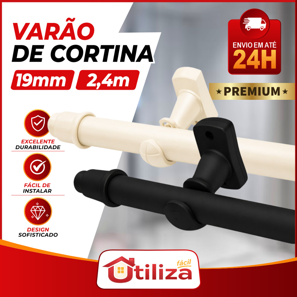 Kit Varão de Cortina 19mm 2,40m em AÇO para Sala, Quarto, Cozinha, Escritório Resistente e moderno