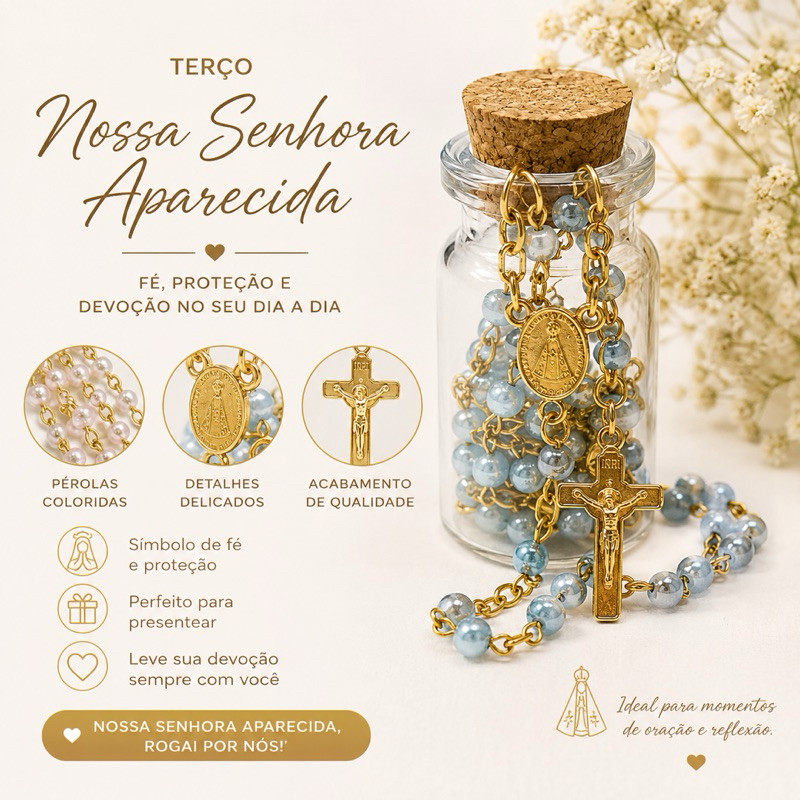 Terço Nossa Senhora Aparecida Católico com Medalha e Crucifixo Dourados | Presente Religioso de Fé