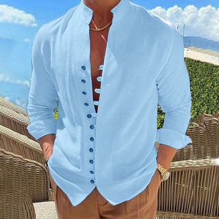 Novo masculino Retro algodão linho Casual solto camisa de manga comprida