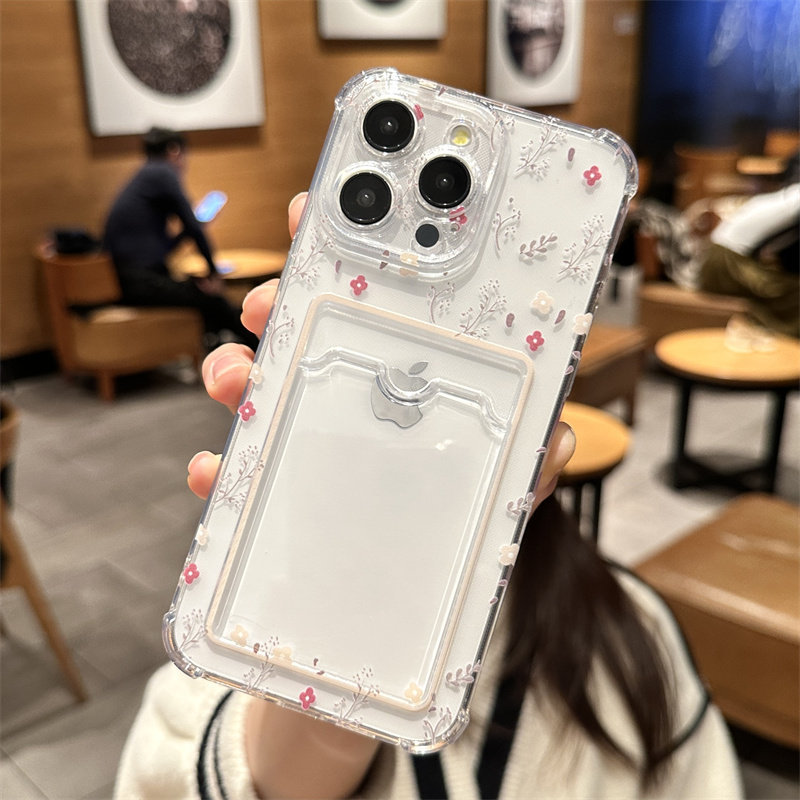 Capinha flores pequenas transparente com cartãoa Anti-impacto Para Samsung A07 A16 A17 S25 PLUS EDGE A14 A54 A55 A35 A23