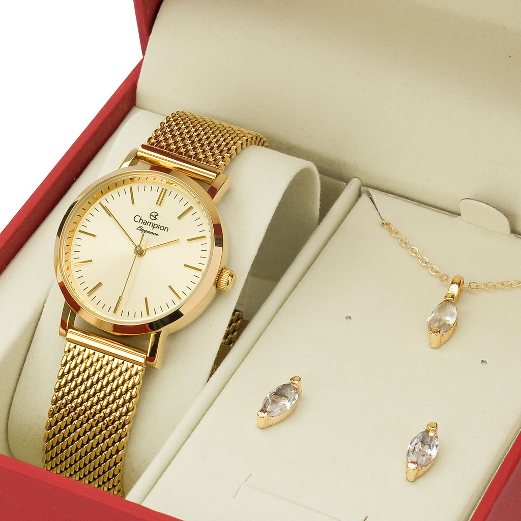 Kit Relógio Feminino Dourado Champion Minimalista Colar e Brincos CF26240X
