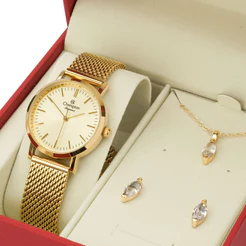 Kit Relógio Feminino Dourado Champion Minimalista Colar e Brincos CF26240X