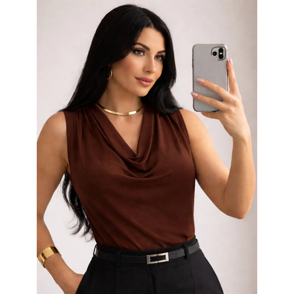 Blusa Regata Feminina Gola Boba Drapeada Suplex Elegante Social Casual Moda Verão — imagem 1