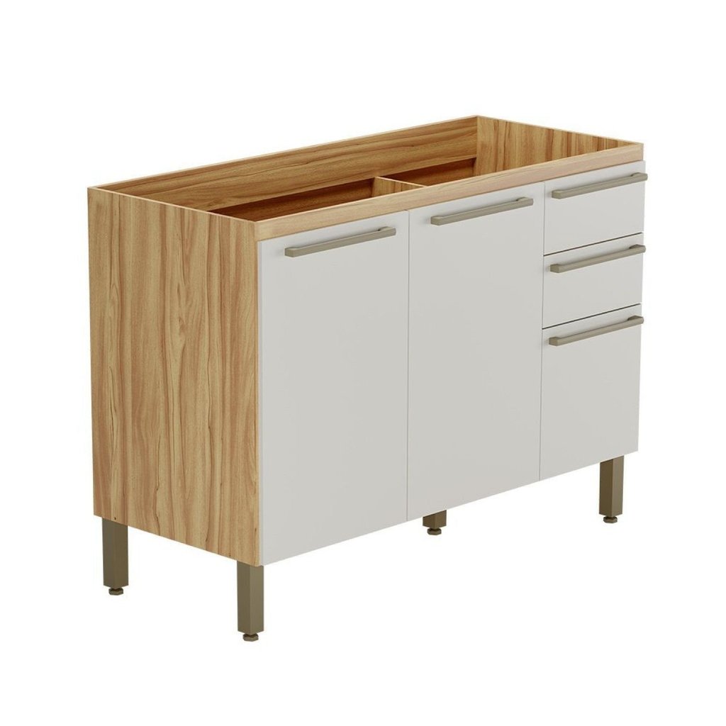 Balcão de Cozinha para Pia 120cm com 3 Portas 2 Gavetas sem Tampo 100% MDF Itália Espresso Móveis Be Amêndoa/Off