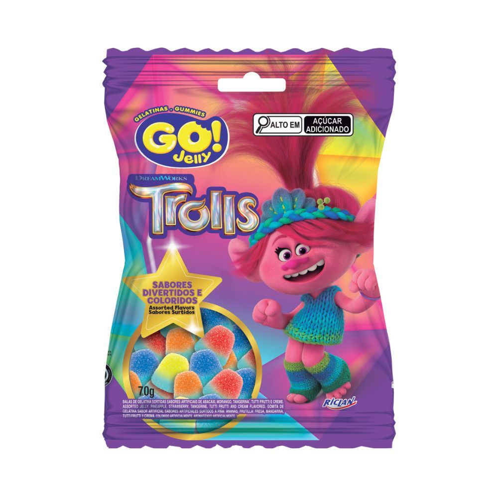 Bala de Gelatina Go! Jelly Trolls Sabores Divertidos e Coloridos 70g