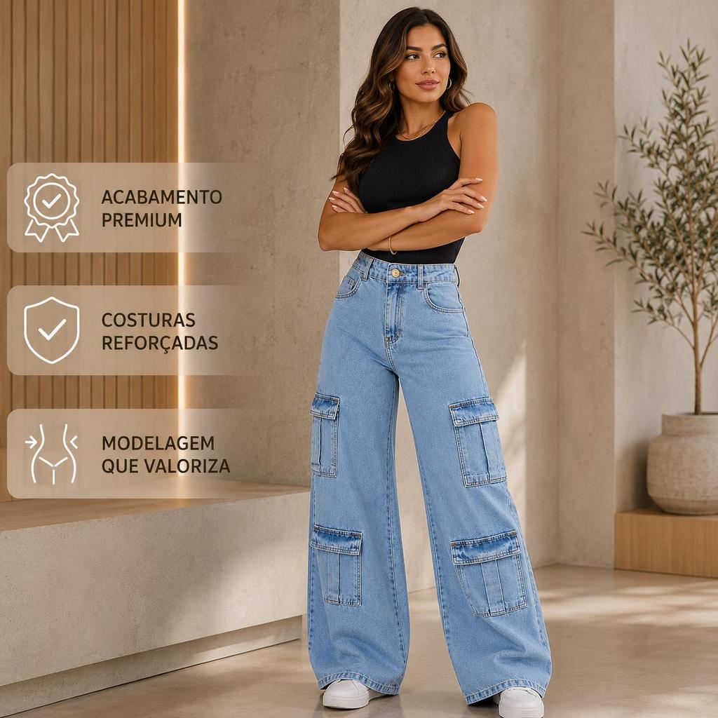 Calça Jeans Cargo Feminina Wide Leg Cintura Alta Pantalona Bolsos Cargo Jeans Claro Moda Tendência 36 ao 46 — imagem 2 de 2
