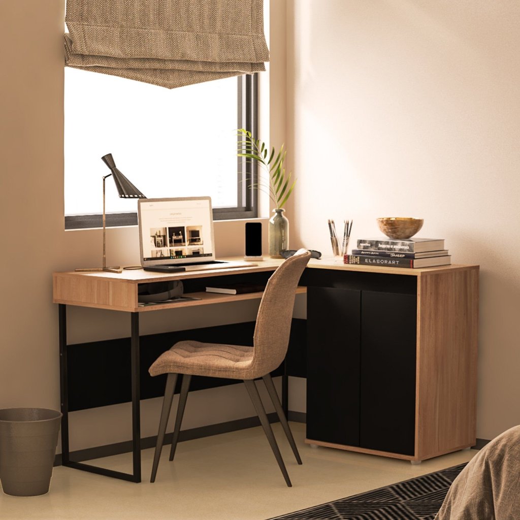 Escrivaninha Mesa Escritório em L Chicago 2 Portas 133,5cm Industrial Marrom Aveiro/Preto