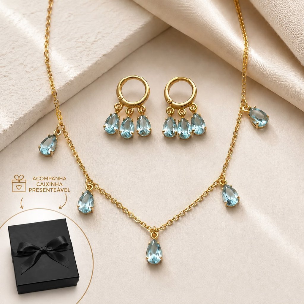 Conjunto Feminino Choker e Brinco Gota com Zircônia, banhado a Ouro 18K