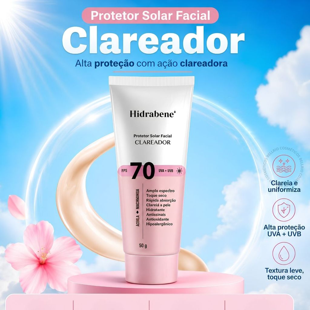 Protetor Solar Facial Clareador FPS70 Hidrabene 50g