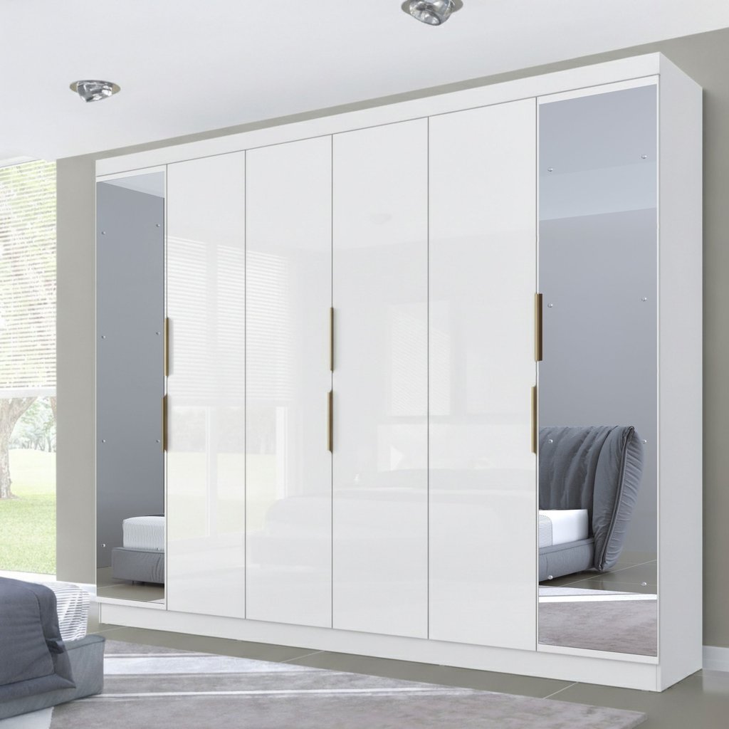 Guarda-Roupa Casal 6 Portas 4 Gavetas com Espelho Premium Yescasa Branco Branco