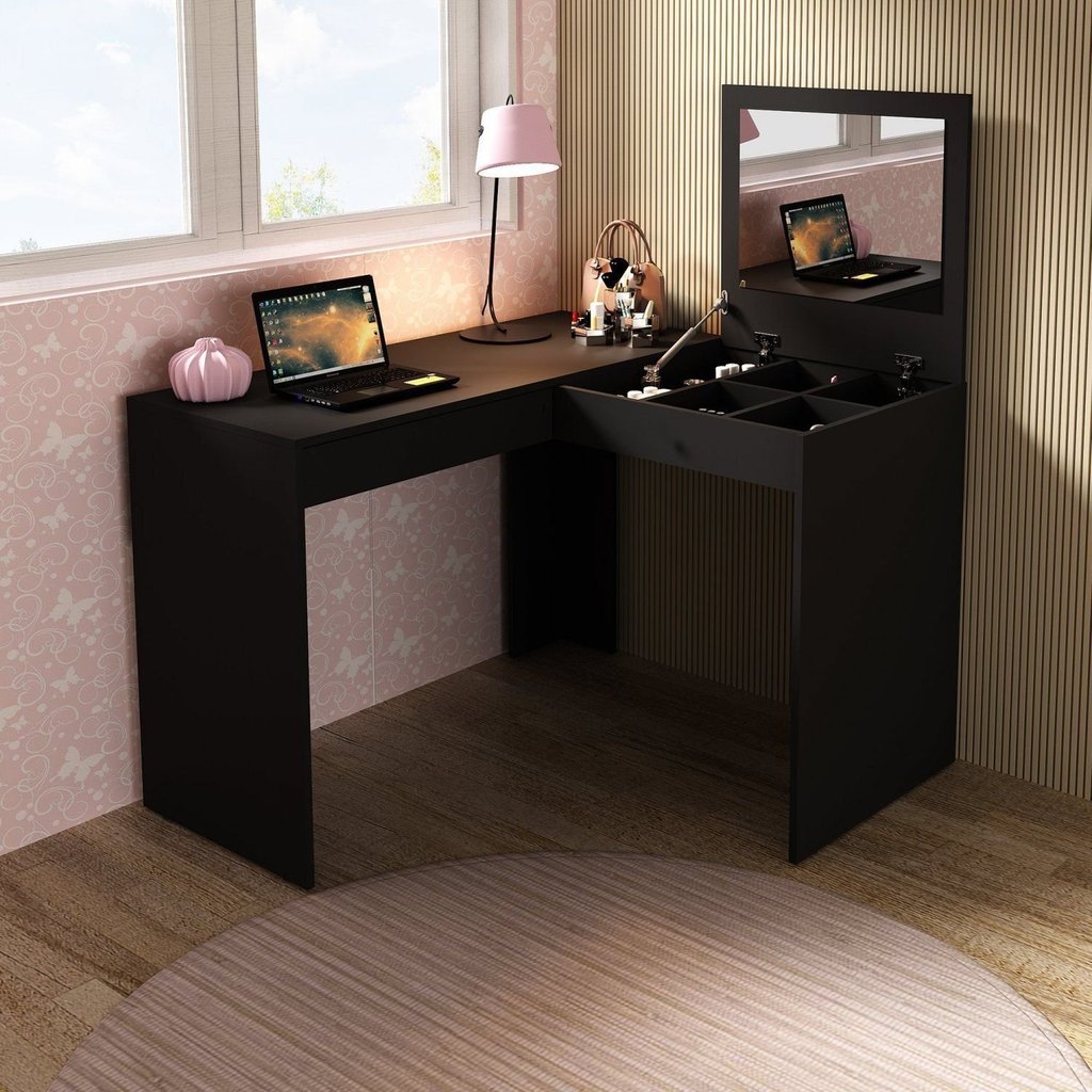 Escrivaninha Mesa Escritório Penteadeira 1 Gaveta 110cm Espresso Móveis Preto Preto