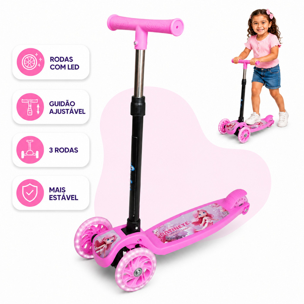 Patinete Infantil 3 Rodas Gel Dobrável Com Guidão Ajustável Com LED Menino Menina Kizumba Rosa
