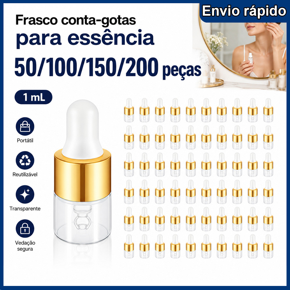 Frascos Conta-Gotas 50/100/150/200 Peças de Vidro 1mL Dourado para Perfumaria, Maquiagem, Essências e Amostras