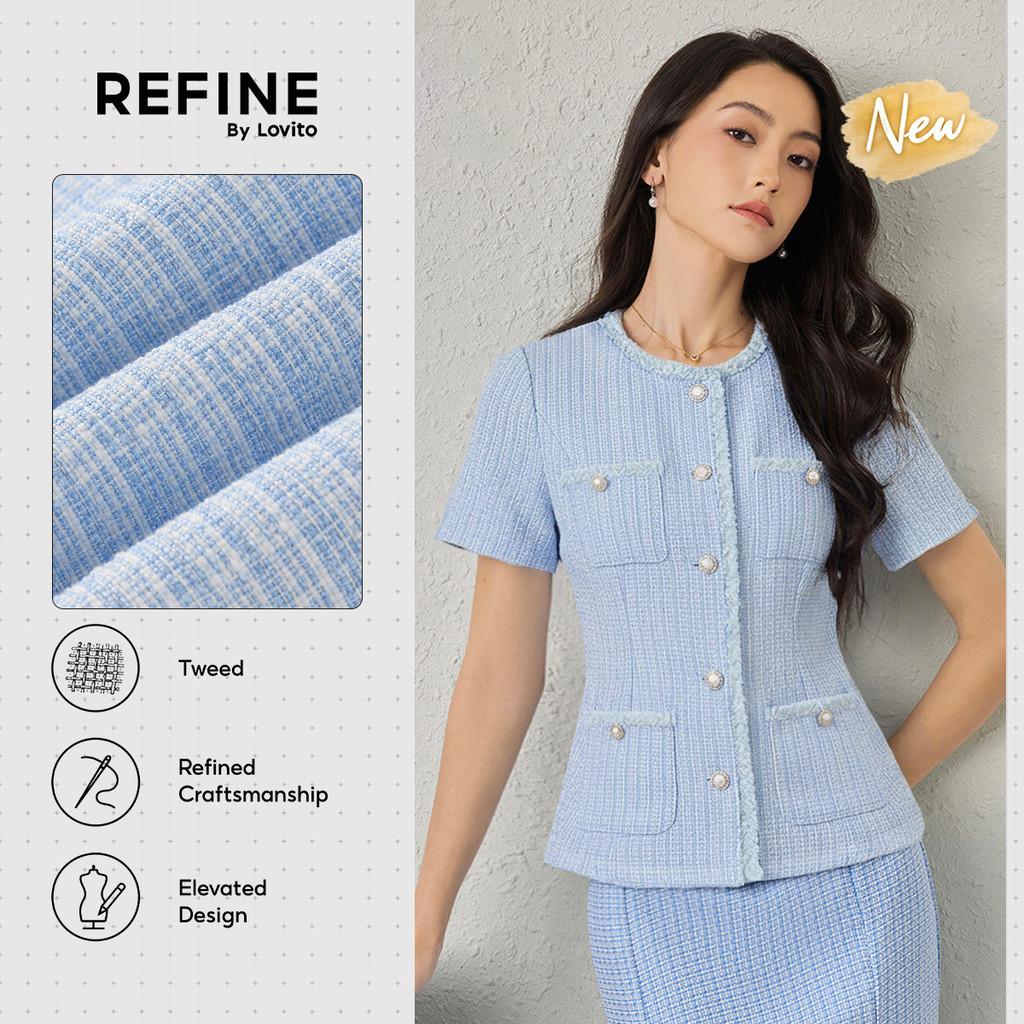 (New Arrival) (Refine by Lovito)Blusa Social Tweed Faixa Contraste Com Bolso Azu