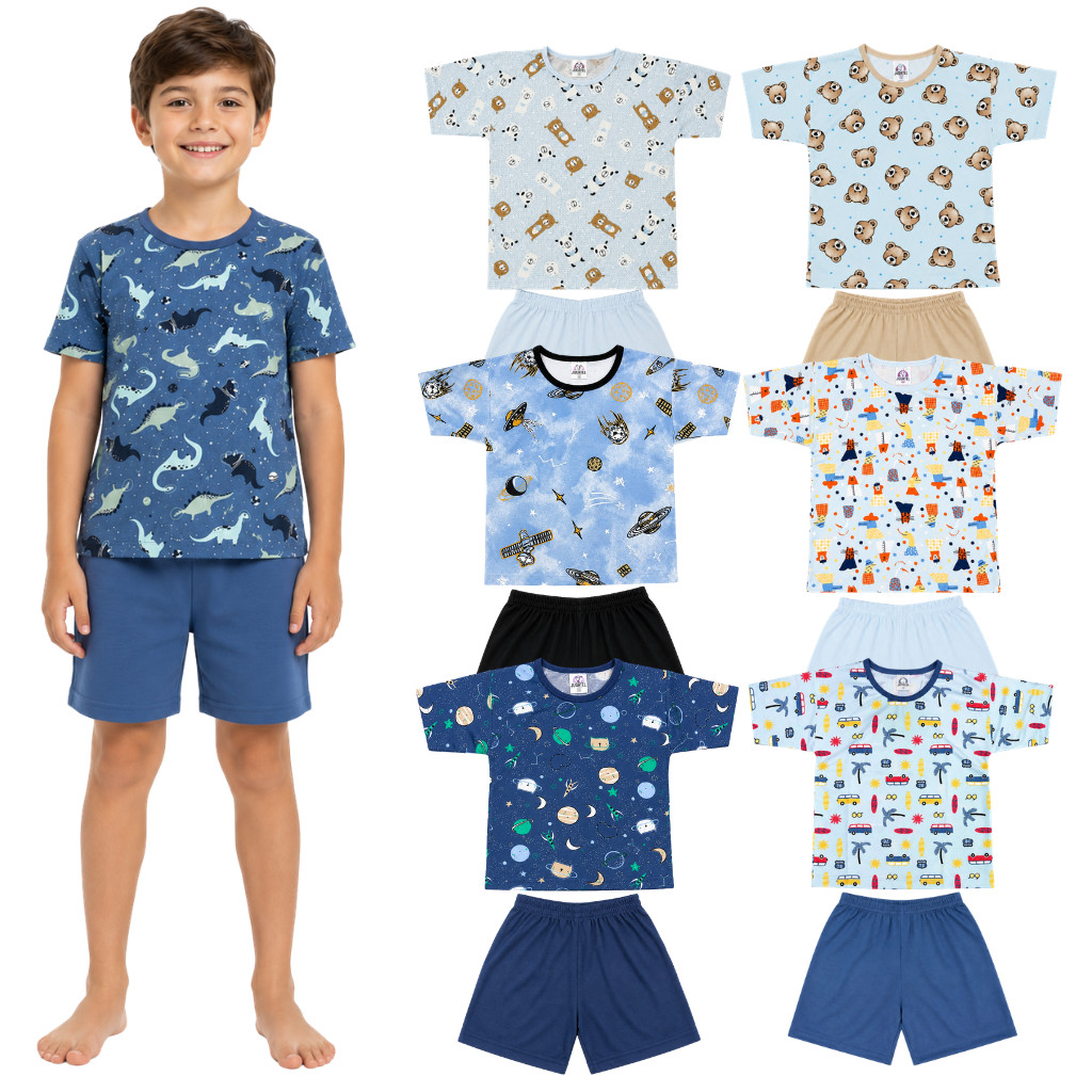 Kit 3 Pijamas Verão Infantil Masculino Manga Curta Estampa Sortida 2 ao 8