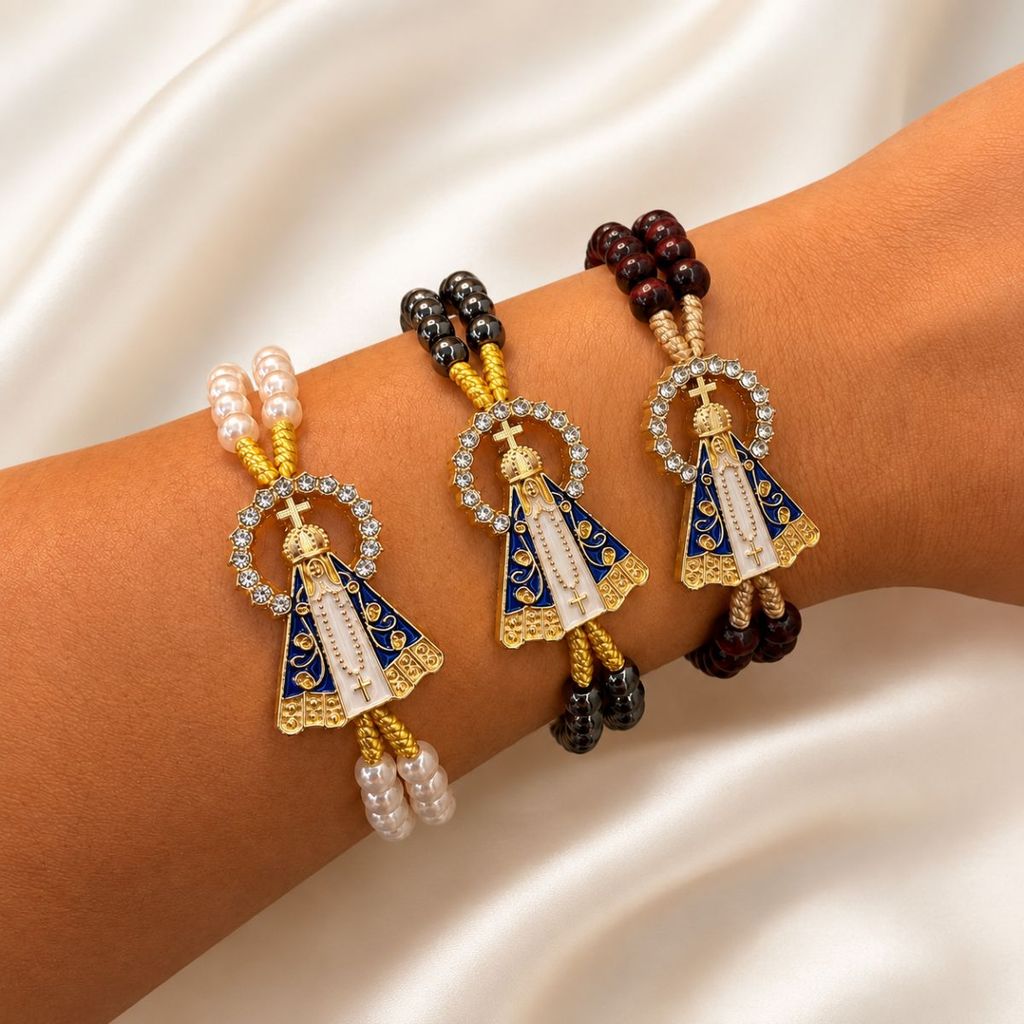 Pulseira Terço de Pulso Nossa Senhora Aparecida Madeira, Perolado e Hematita Proteção Católico