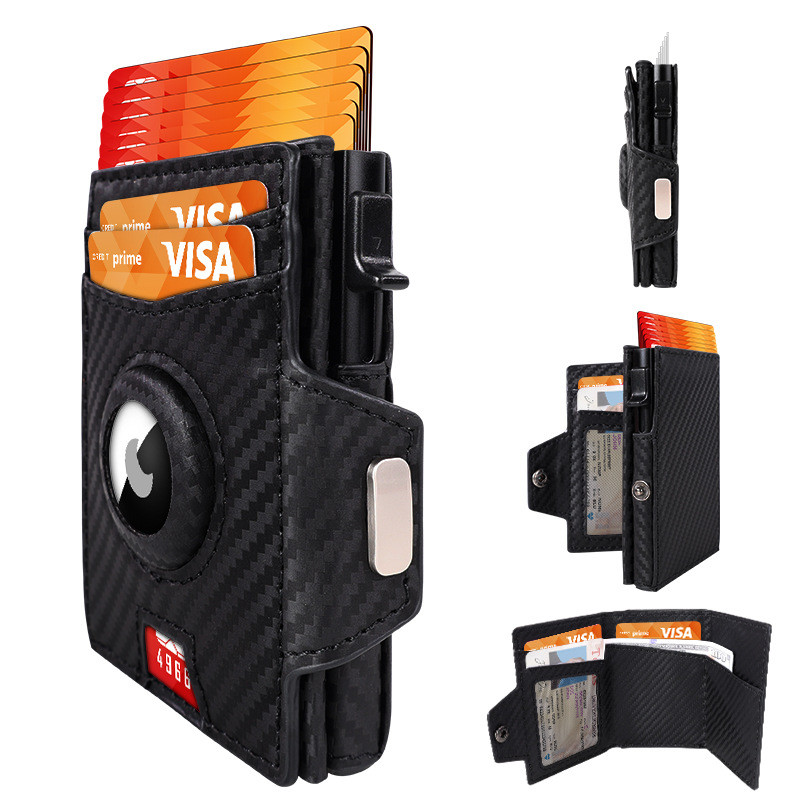 Carteira Masculina De Couro De Fibra De Carbono , Capa De Cartão Pop-Up Automáti