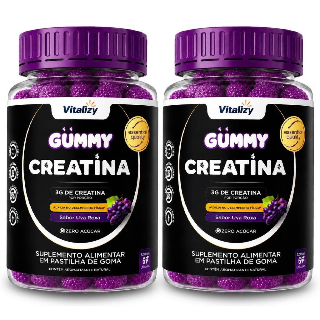 Kit 2x60 Creatina em Goma Gummy 3g Zero Açúcar Sabor Uva Roxa Vitalizy