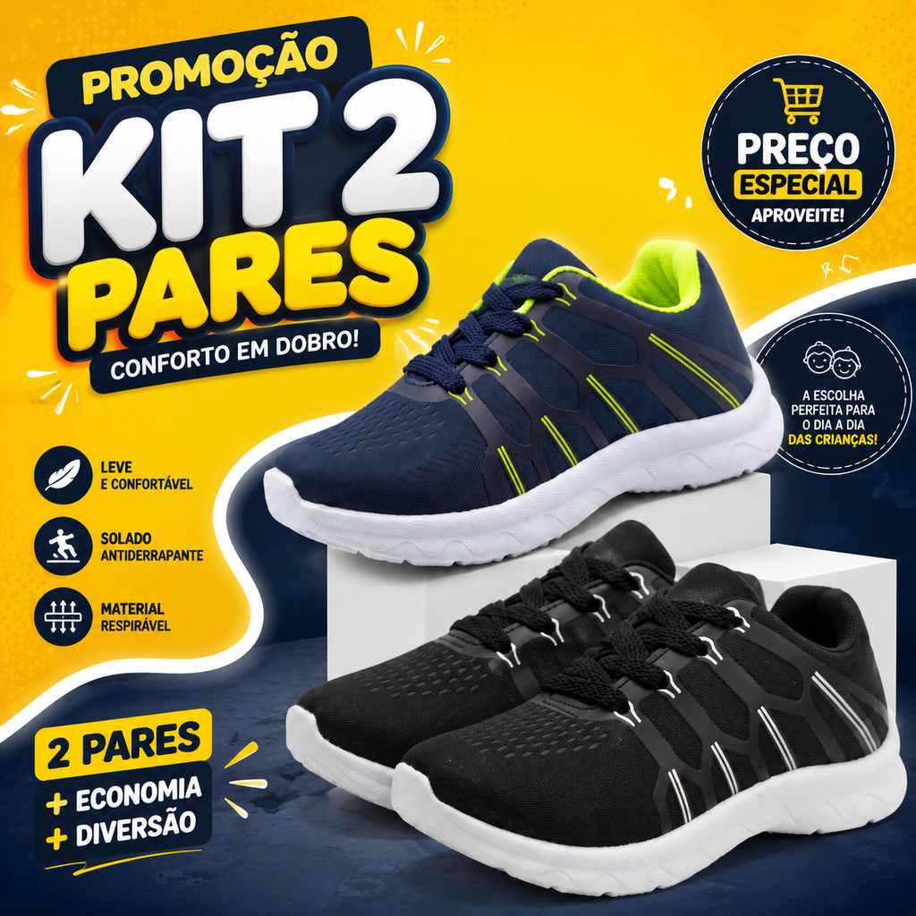 Kit 2 Tênis Infantil Menino Lançamento Esportivo Leve Para Caminhada Escola E Passeios