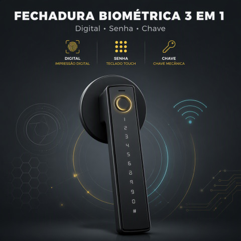 Fechadura Digital Inteligente Biométrica com Senha, Chave e Maçaneta Reversível USB-C