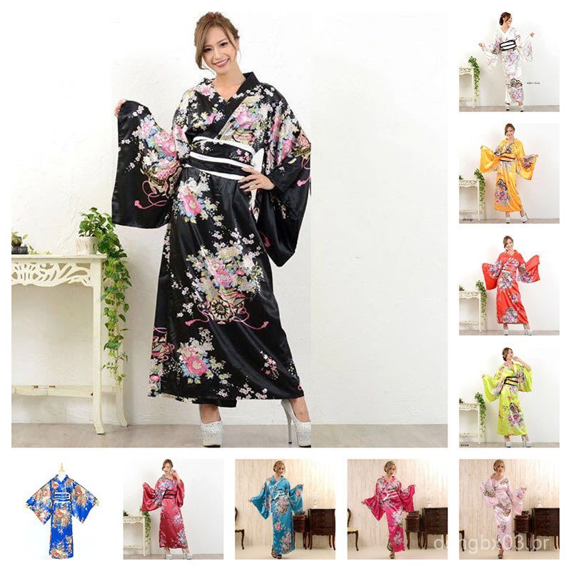 Conjunto de Traje Feminino com Estampa Floral Tradicional Japonesa, Kimono com Padrão de Peixe, Cinto OBI e Yukata com F