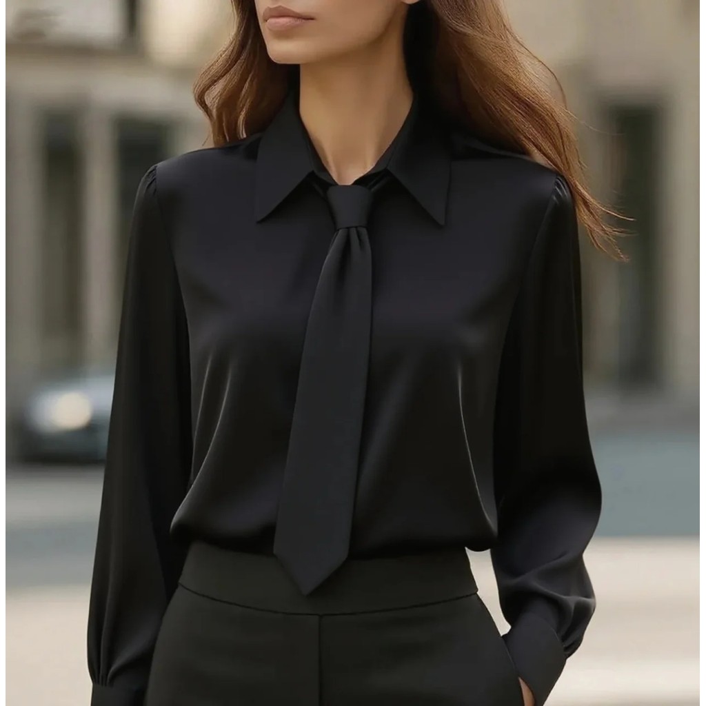 Camisa De Trabalho De Cetim Elegante Feminina Casual Manga Comprida Gola Blusa Simples Moderna Regular Roupas De Moda