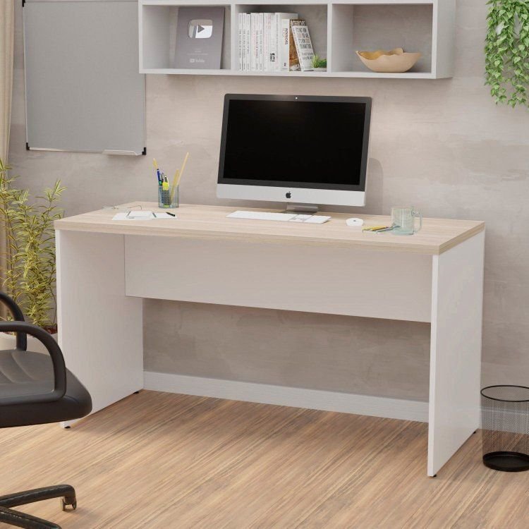 Mesa de Escritório Escrivaninha Tampo 140cm Carvalho e Branco Bege Carvalho/Branco