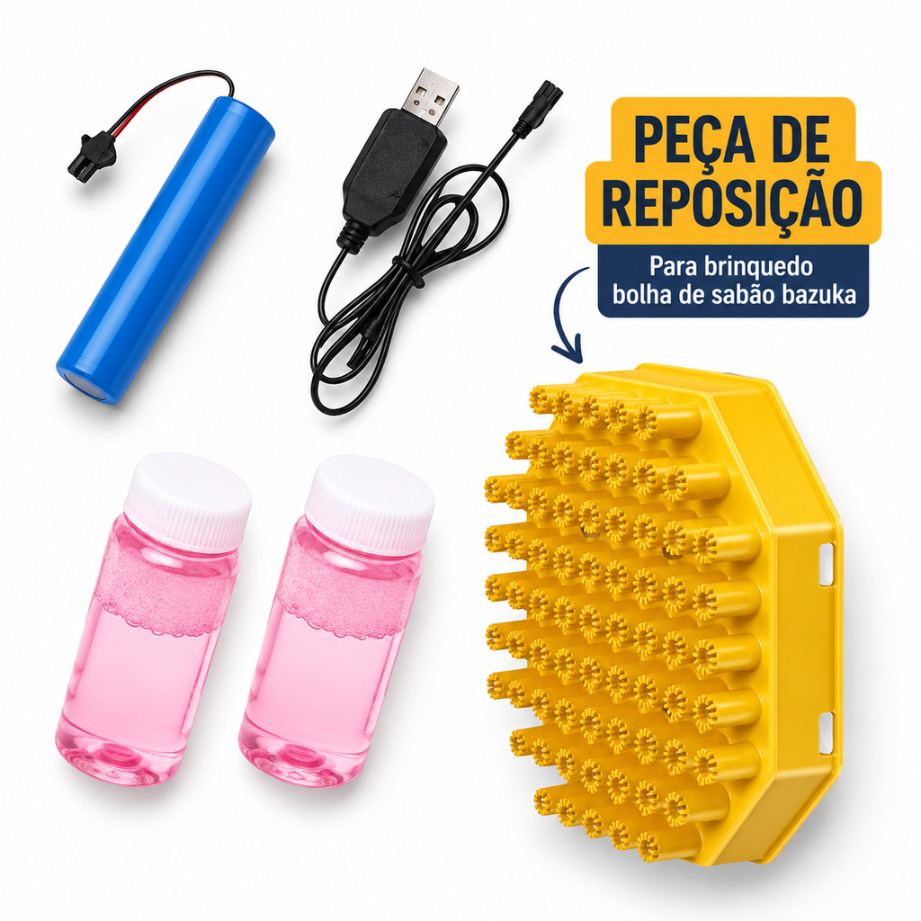 Kit Bateria Recarregável Carregador (cabo) USB Refil Bolhas de Sabão Bazuka