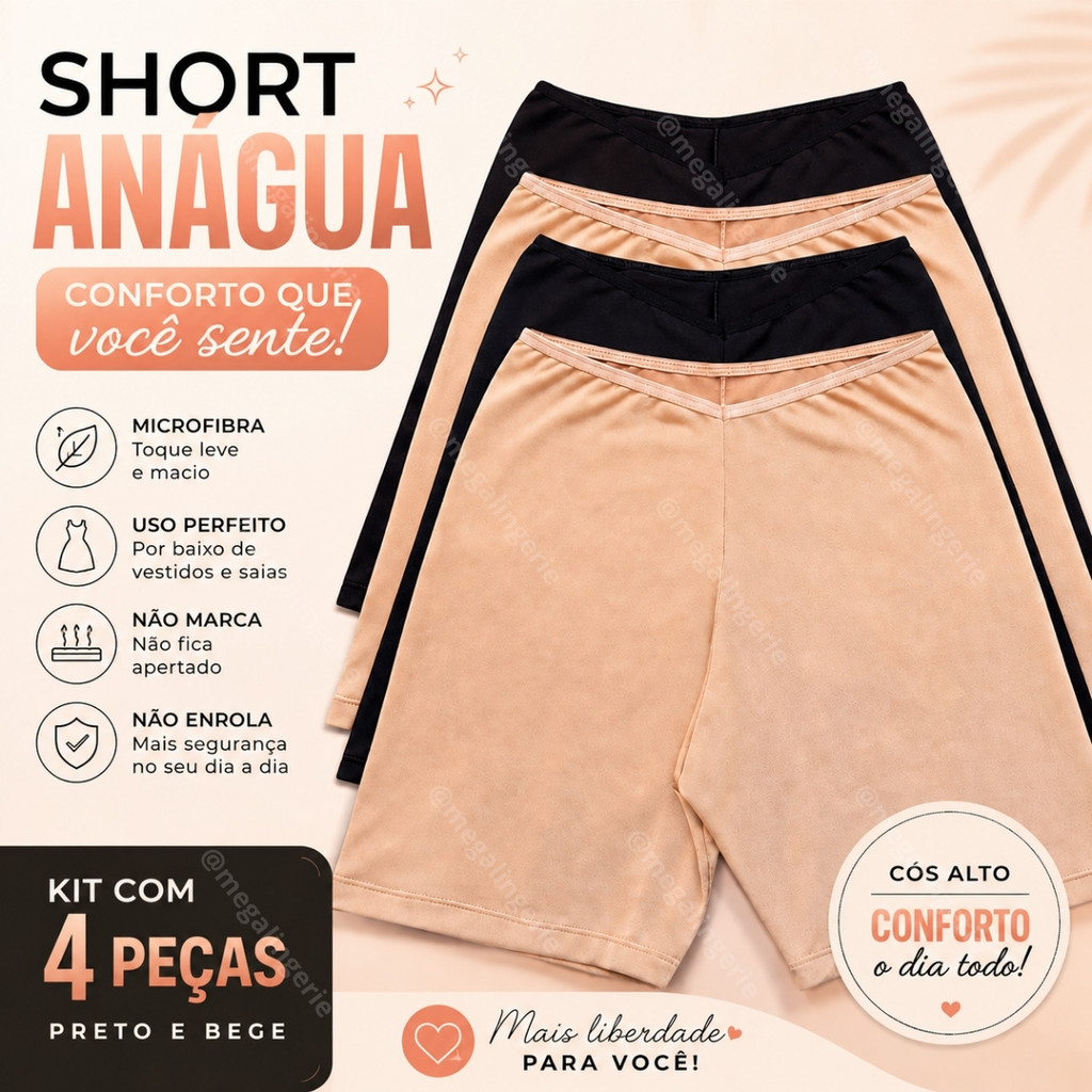 Kit 4  Short Anágua Shortinho Segunda Pele Feminino Liso Confortável Bermuda - Anagua