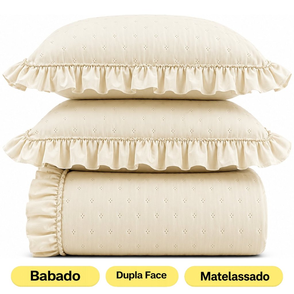 Colcha Cobre Leito Bella com Babado Matelassado Cores Lisas com Porta ​Travesseiro EDDI Casa