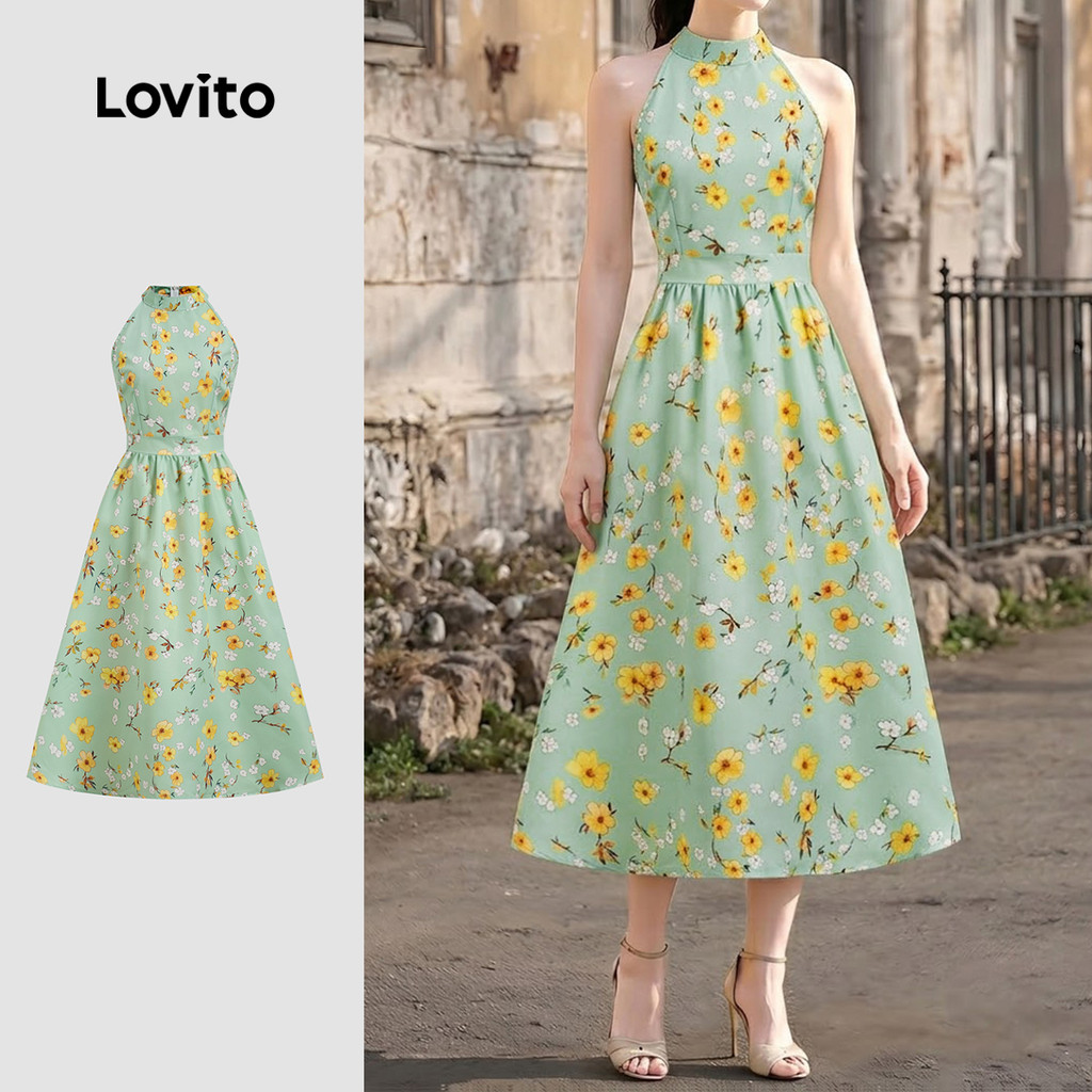 (New Arrival) Lovito Vestido Boho com Estrutura de Flores Sem Costas Primavera/v