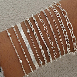 Conjunto de Pulseiras com Corrente Espiral e Contas Redondas em Forma de Coração - Conjunto de 11 Peças - Acessório de M